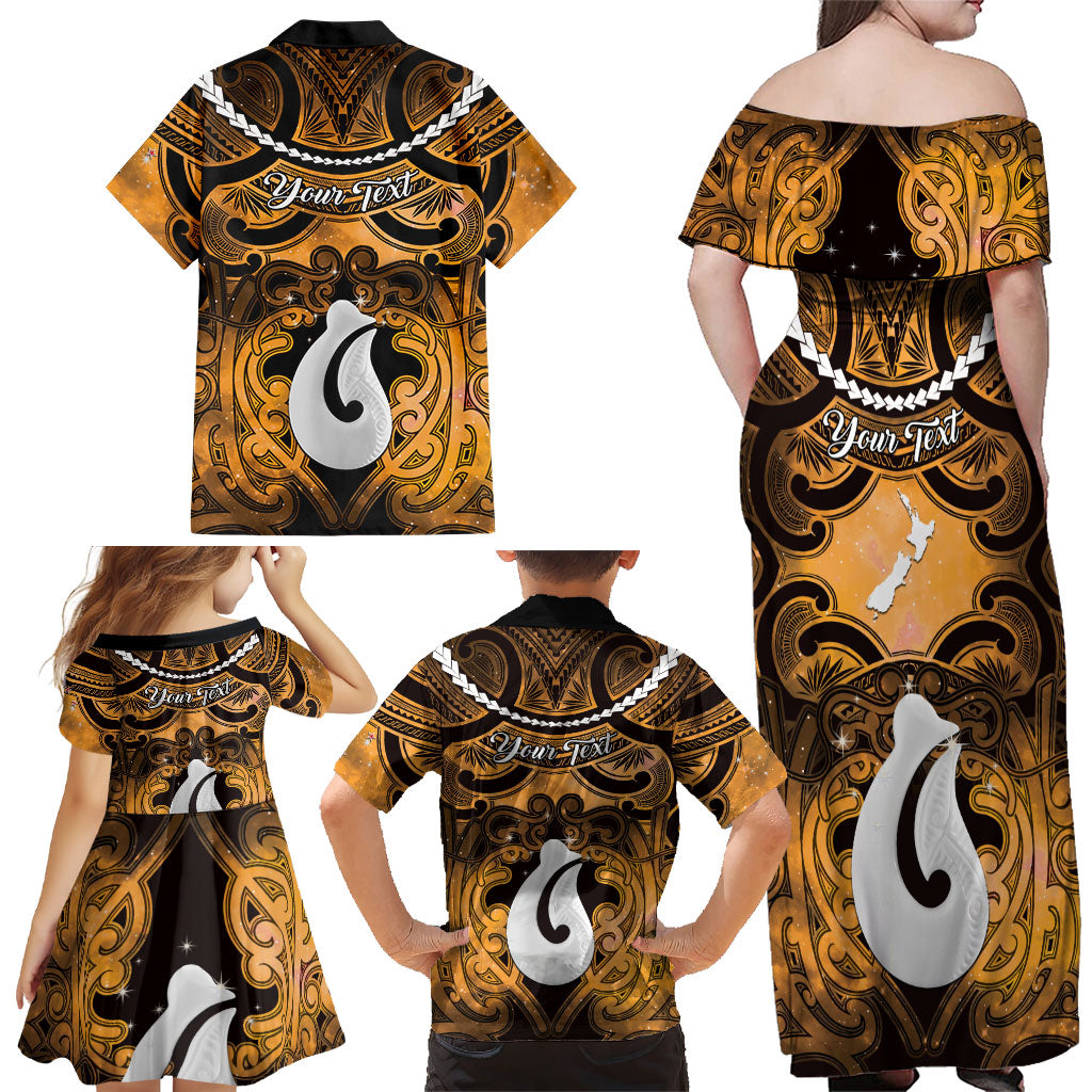 Personalised Maori Matariki Hei Matau Kowhai Family Matching Off Shoulder Maxi Dress and Hawaiian Shirt Maori Kowhaiwhai Pattern Galaxy