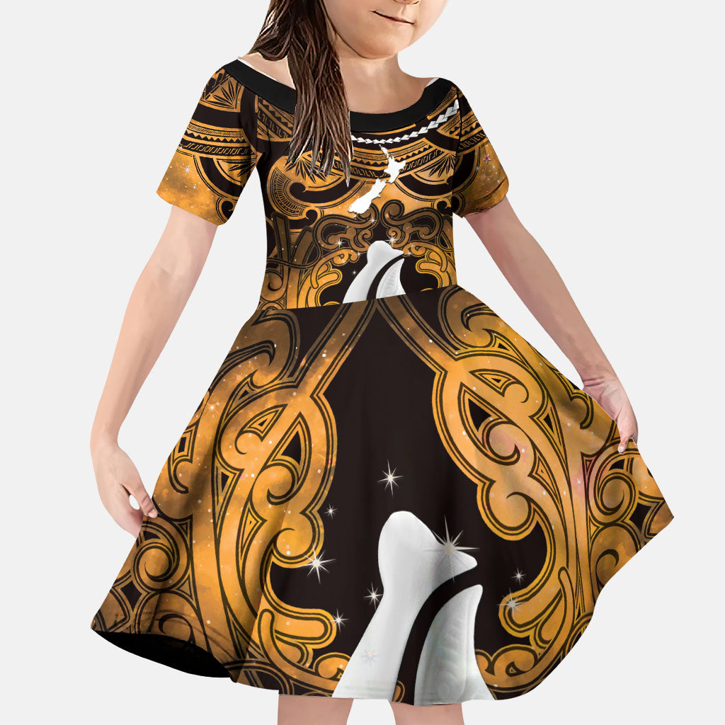 Personalised Maori Matariki Hei Matau Kowhai Family Matching Off Shoulder Short Dress and Hawaiian Shirt Maori Kowhaiwhai Pattern Galaxy