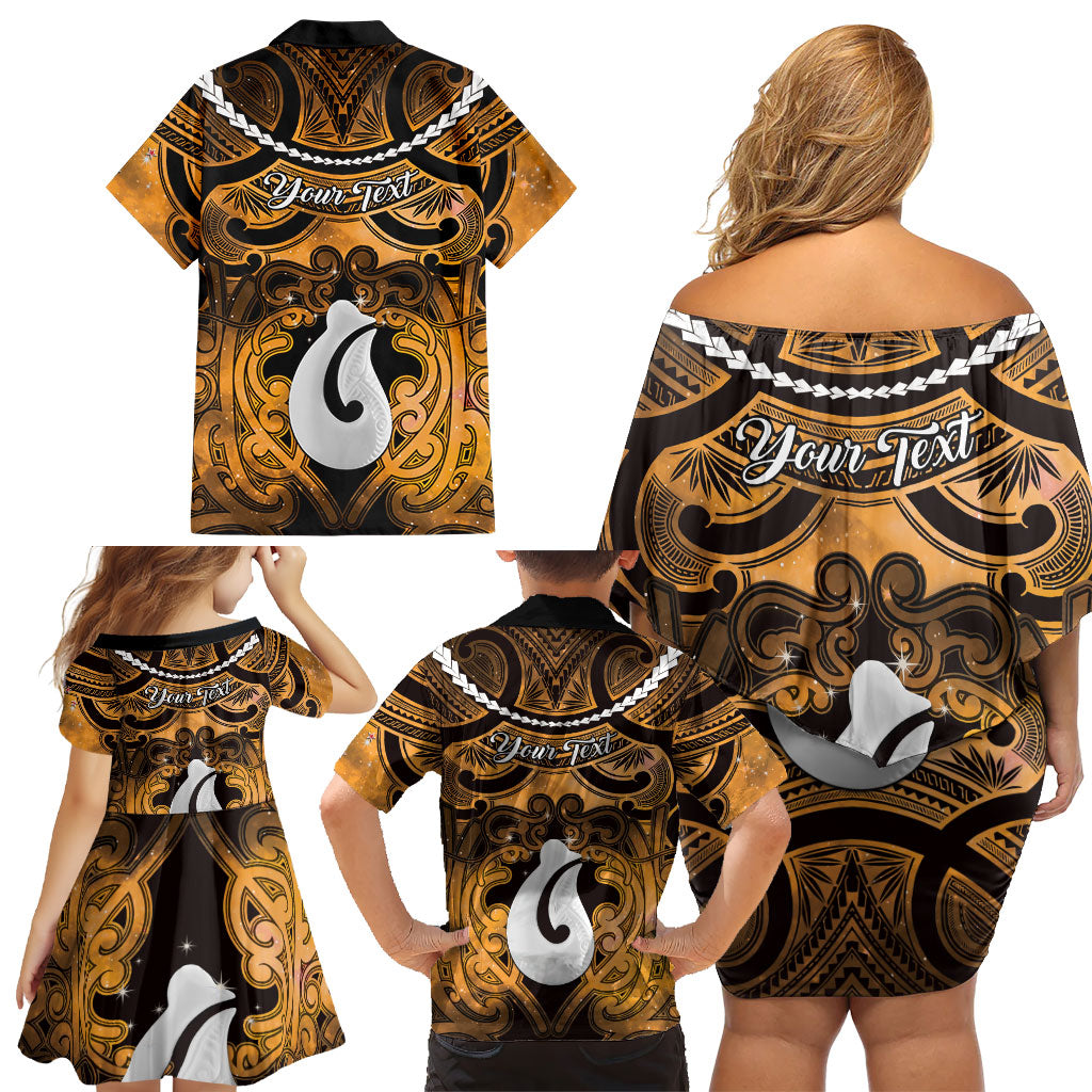 Personalised Maori Matariki Hei Matau Kowhai Family Matching Off Shoulder Short Dress and Hawaiian Shirt Maori Kowhaiwhai Pattern Galaxy