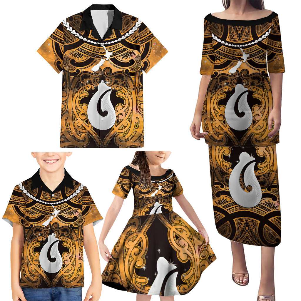 Personalised Maori Matariki Hei Matau Kowhai Family Matching Puletasi and Hawaiian Shirt Maori Kowhaiwhai Pattern Galaxy LT01 - Polynesian Pride