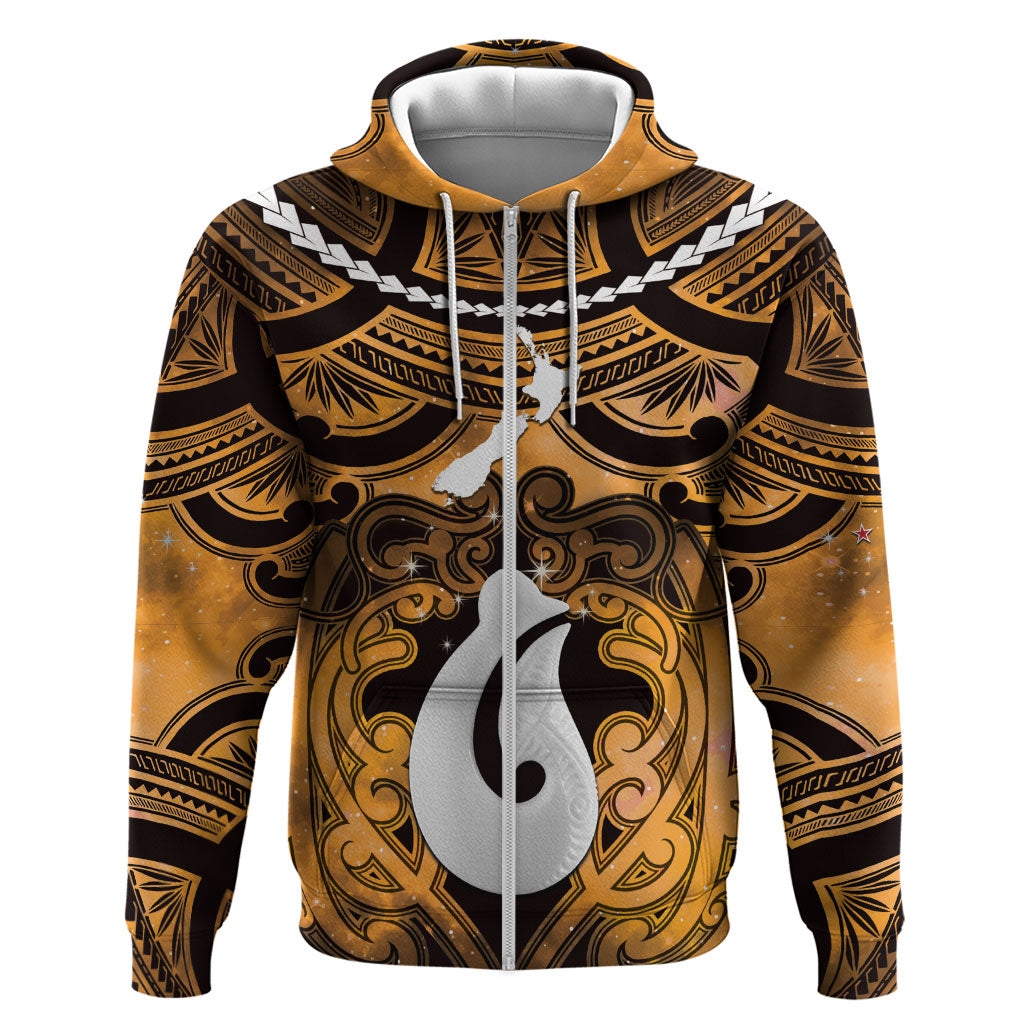 Personalised Maori Matariki Hei Matau Kowhai Hoodie Maori Kowhaiwhai Pattern Galaxy LT01 Zip Hoodie Yellow - Polynesian Pride