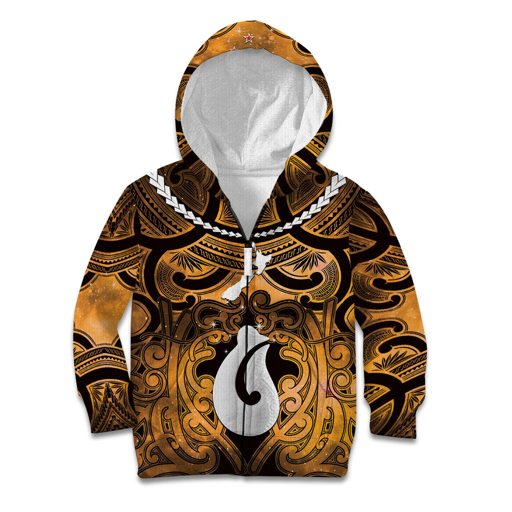 Personalised Maori Matariki Hei Matau Kowhai Kid Hoodie Maori Kowhaiwhai Pattern Galaxy LT01 Zip Hoodie Yellow - Polynesian Pride