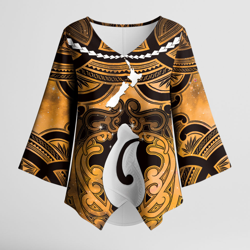 Personalised Maori Matariki Hei Matau Kowhai Kimono Sleeve Blouse Maori Kowhaiwhai Pattern Galaxy LT01 Female Yellow - Polynesian Pride