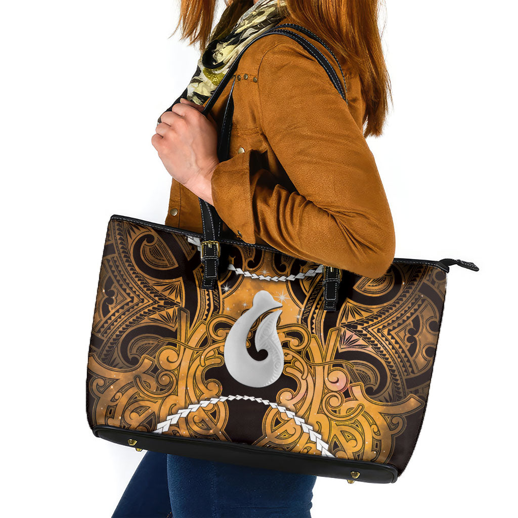 Maori Matariki Hei Matau Kowhai Leather Tote Bag Maori Kowhaiwhai Pattern Galaxy LT01 Yellow - Polynesian Pride