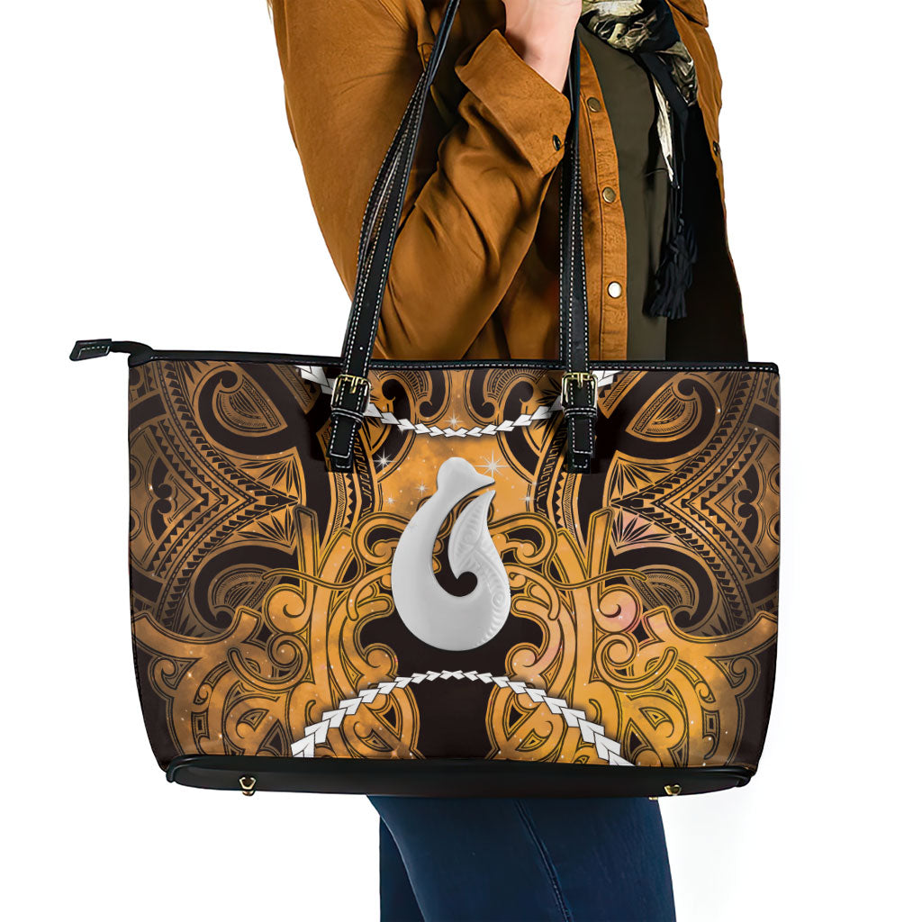 Maori Matariki Hei Matau Kowhai Leather Tote Bag Maori Kowhaiwhai Pattern Galaxy LT01 - Polynesian Pride