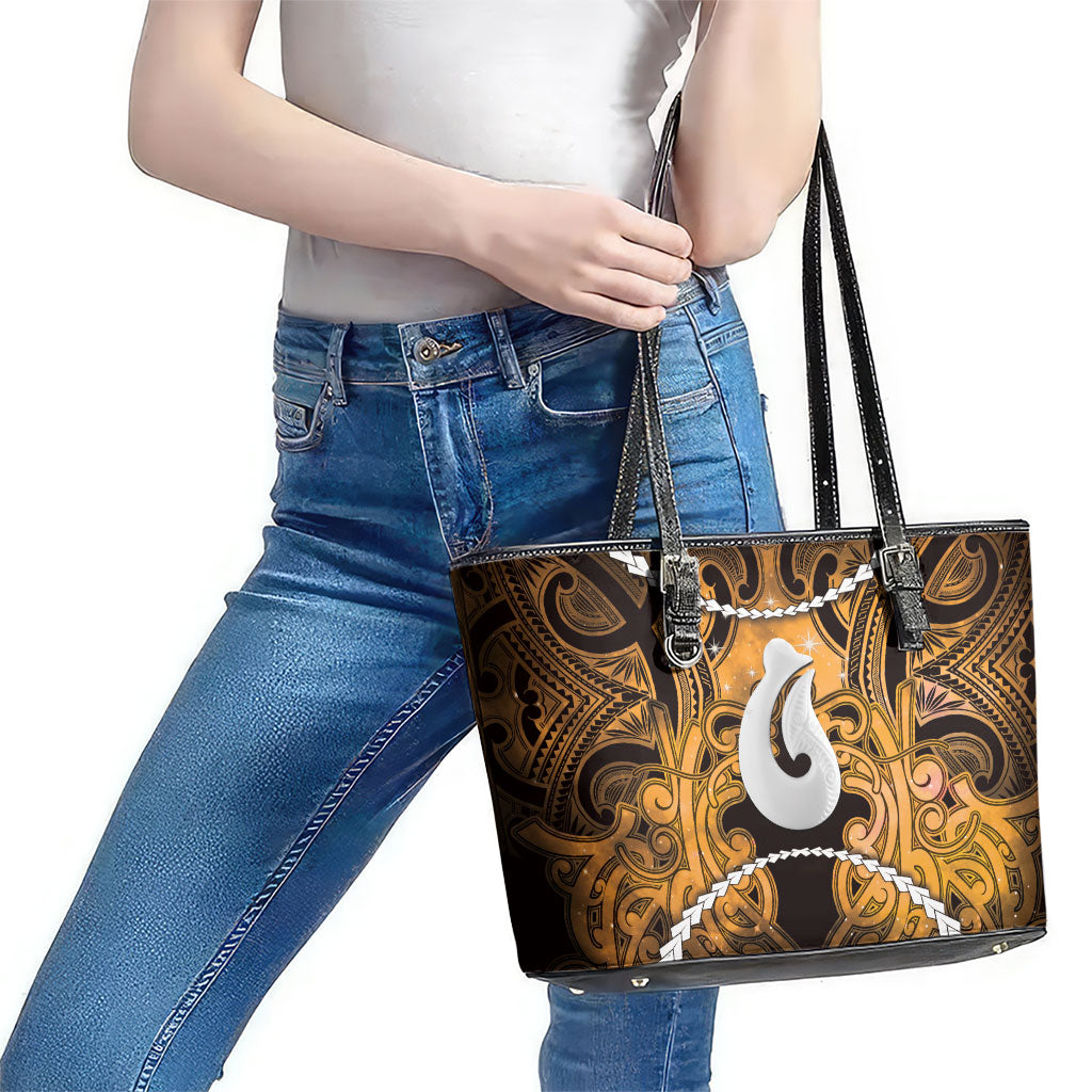Maori Matariki Hei Matau Kowhai Leather Tote Bag Maori Kowhaiwhai Pattern Galaxy LT01 - Polynesian Pride