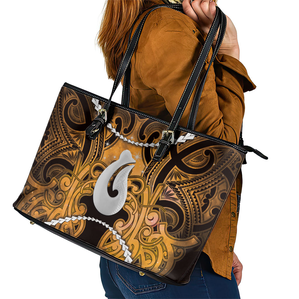 Maori Matariki Hei Matau Kowhai Leather Tote Bag Maori Kowhaiwhai Pattern Galaxy LT01 - Polynesian Pride