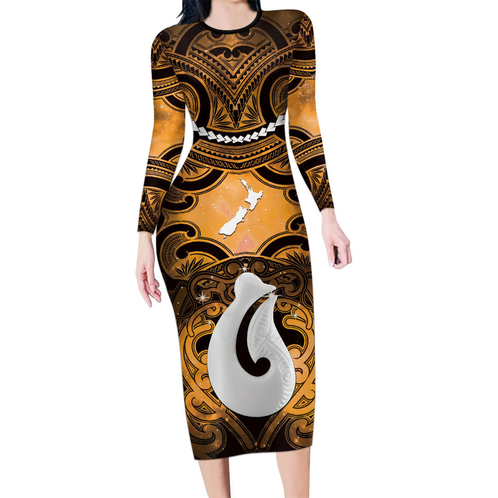 Personalised Maori Matariki Hei Matau Kowhai Long Sleeve Bodycon Dress Maori Kowhaiwhai Pattern Galaxy LT01 Long Dress Yellow - Polynesian Pride