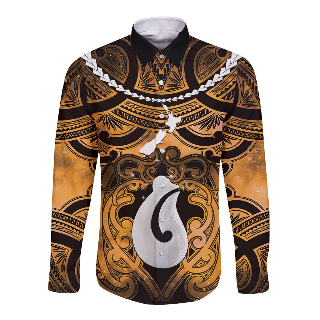 Personalised Maori Matariki Hei Matau Kowhai Long Sleeve Button Shirt Maori Kowhaiwhai Pattern Galaxy LT01 Unisex Yellow - Polynesian Pride