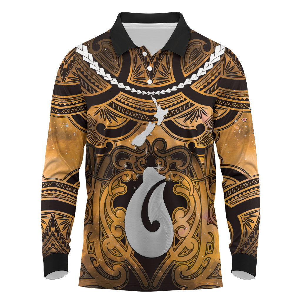 Personalised Maori Matariki Hei Matau Kowhai Long Sleeve Polo Shirt Maori Kowhaiwhai Pattern Galaxy