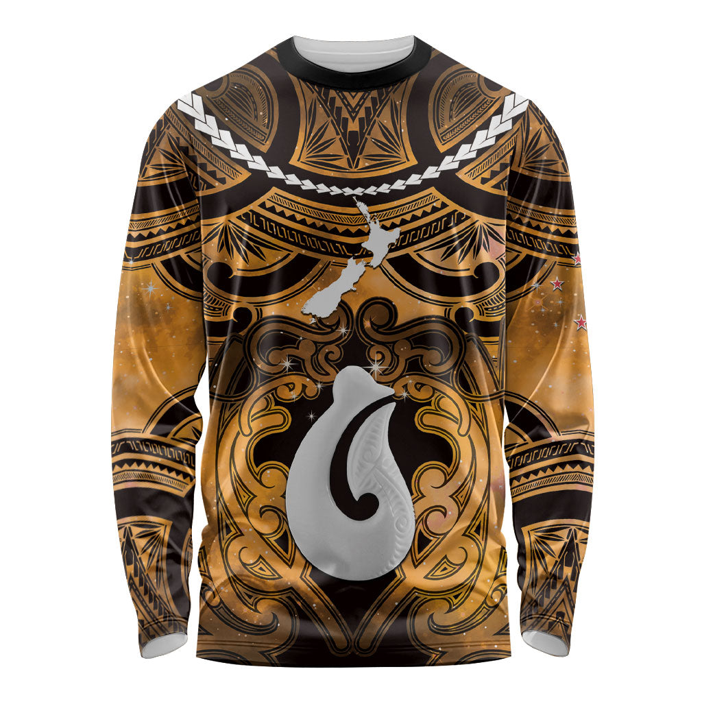 Personalised Maori Matariki Hei Matau Kowhai Long Sleeve Shirt Maori Kowhaiwhai Pattern Galaxy