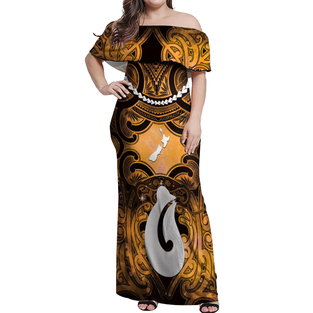 Personalised Maori Matariki Hei Matau Kowhai Off Shoulder Maxi Dress Maori Kowhaiwhai Pattern Galaxy LT01 Women Yellow - Polynesian Pride