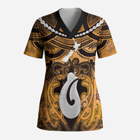Personalised Maori Matariki Hei Matau Kowhai Scrub Top Maori Kowhaiwhai Pattern Galaxy LT01 Adult Yellow - Polynesian Pride
