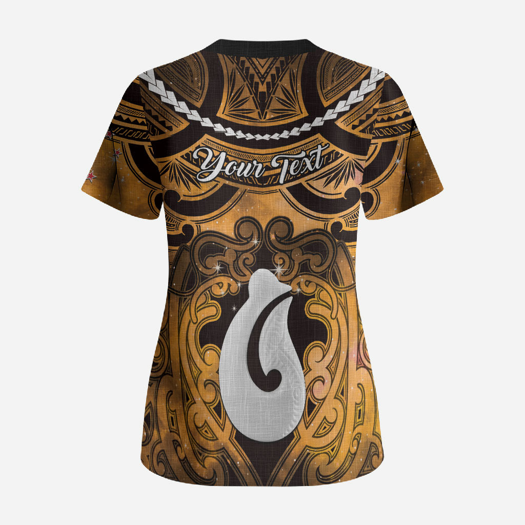 Personalised Maori Matariki Hei Matau Kowhai Scrub Top Maori Kowhaiwhai Pattern Galaxy LT01 - Polynesian Pride