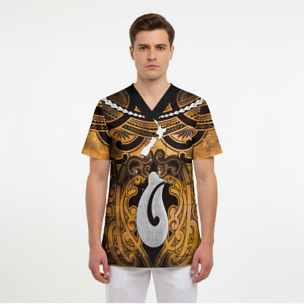 Personalised Maori Matariki Hei Matau Kowhai Scrub Top Maori Kowhaiwhai Pattern Galaxy LT01 - Polynesian Pride