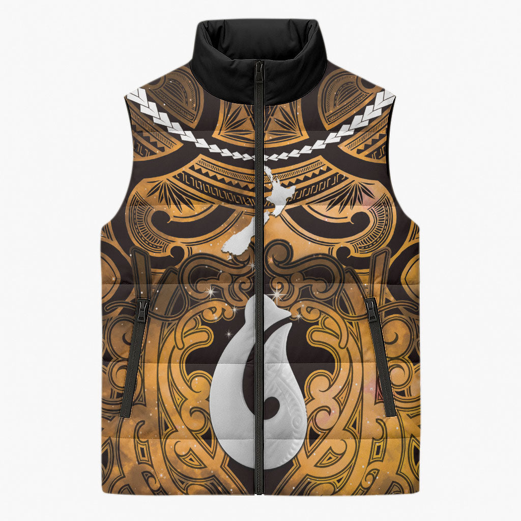 Personalised Maori Matariki Hei Matau Kowhai Sleeveless Puffer Jacket Maori Kowhaiwhai Pattern Galaxy LT01 Unisex Yellow - Polynesian Pride