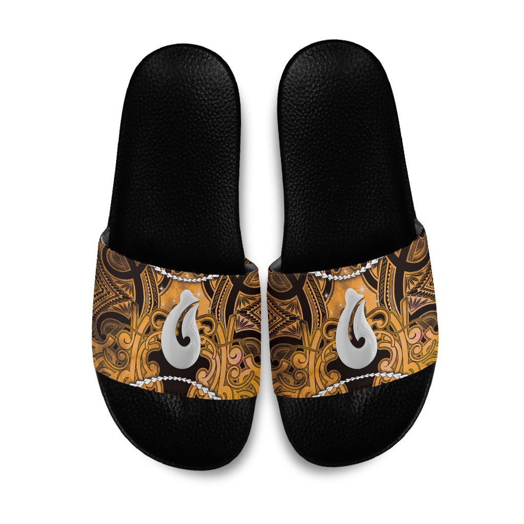 Maori Matariki Hei Matau Kowhai Slide Sandals Maori Kowhaiwhai Pattern Galaxy LT01 Yellow - Polynesian Pride