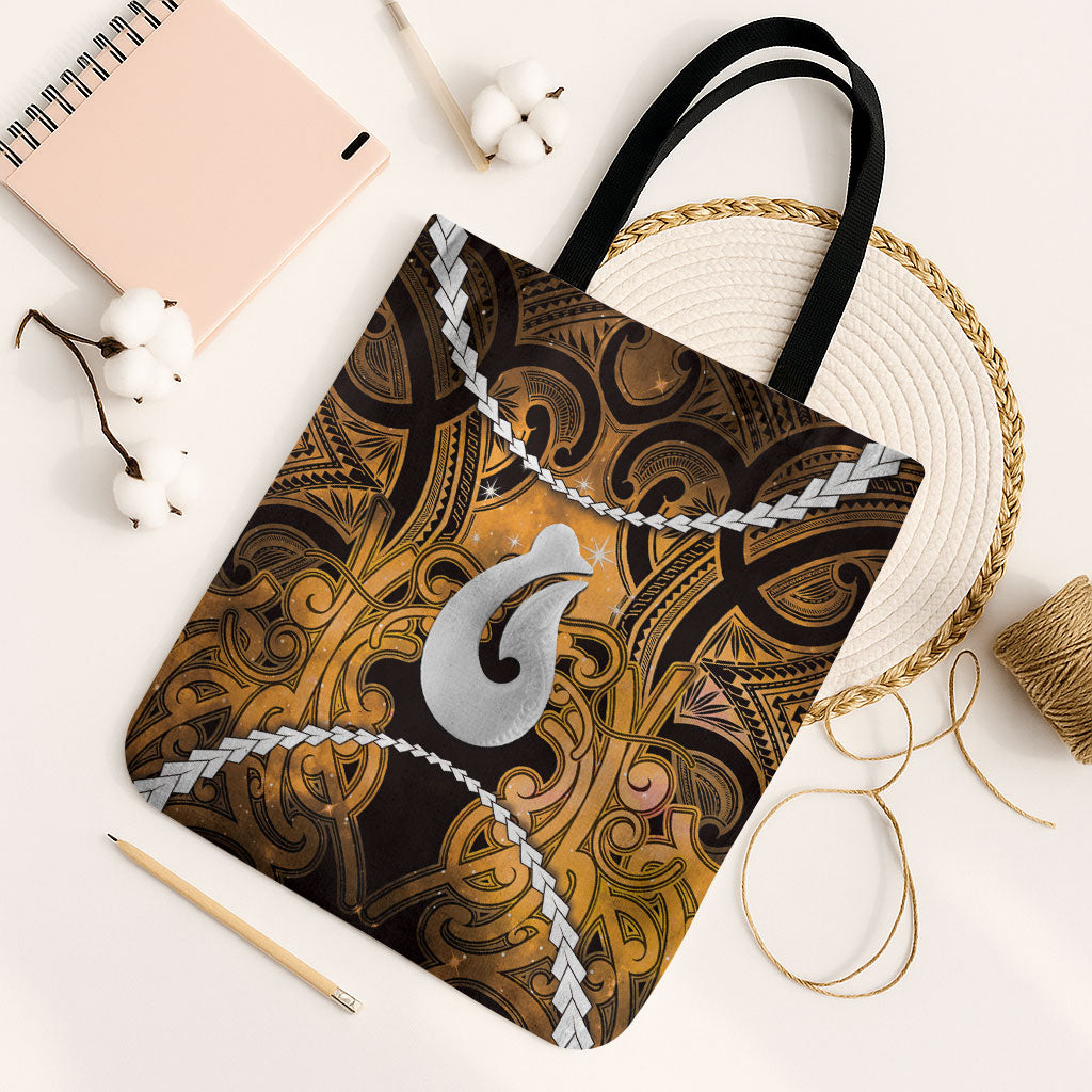 Maori Matariki Hei Matau Kowhai Tote Bag Maori Kowhaiwhai Pattern Galaxy LT01 Black Strap One Size Yellow - Polynesian Pride