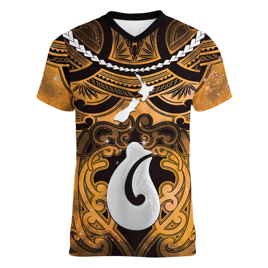 Personalised Maori Matariki Hei Matau Kowhai Women V-Neck T-Shirt Maori Kowhaiwhai Pattern Galaxy