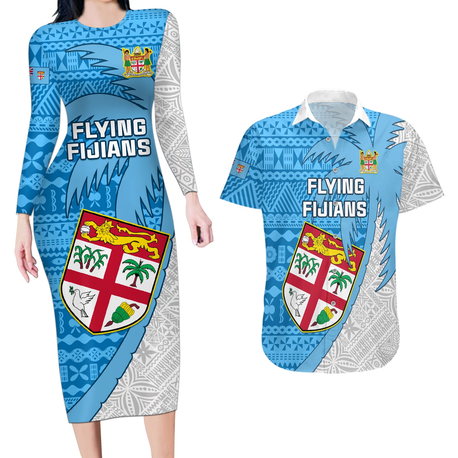 Fiji Rugby Couples Matching Long Sleeve Bodycon Dress and Hawaiian Shirt Come On Fijian Tapa Pattern LT01 Blue - Polynesian Pride