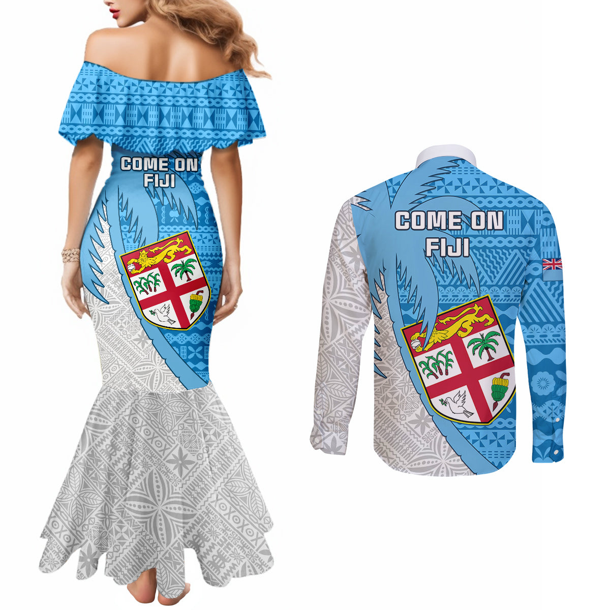 Fiji Rugby Couples Matching Mermaid Dress and Long Sleeve Button Shirts Come On Fijian Tapa Pattern LT01 - Polynesian Pride