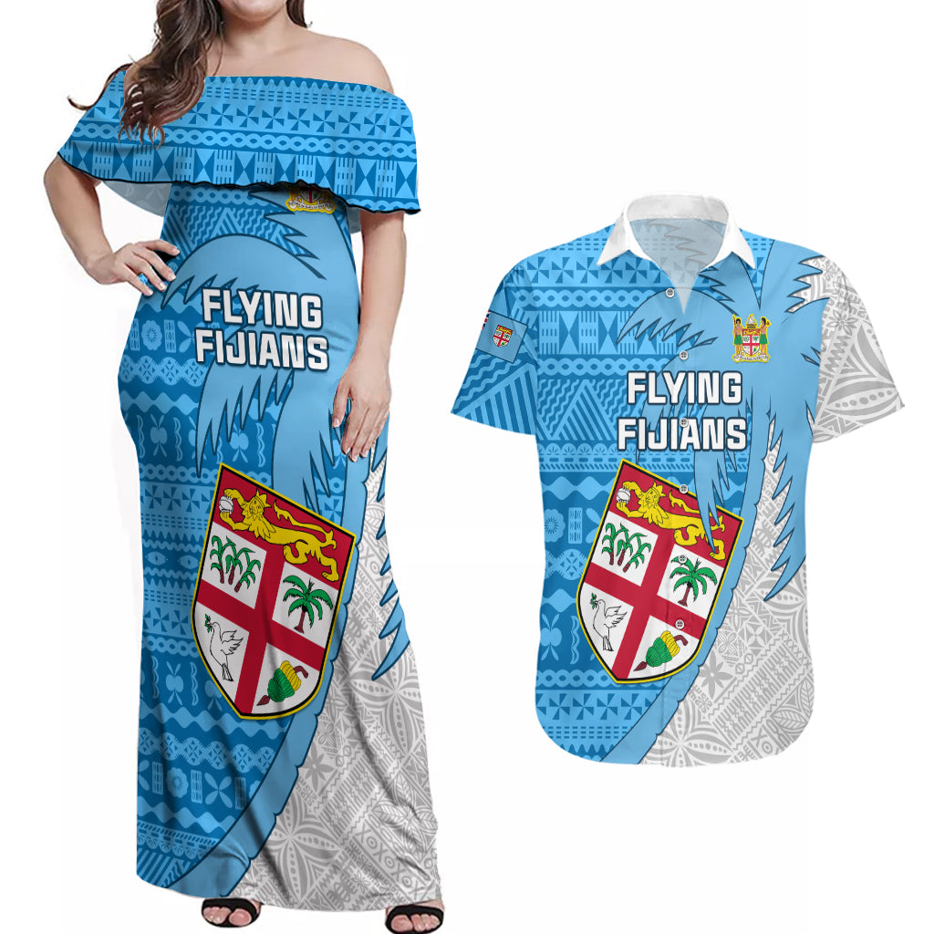 Fiji Rugby Couples Matching Off Shoulder Maxi Dress and Hawaiian Shirt Come On Fijian Tapa Pattern LT01 Blue - Polynesian Pride