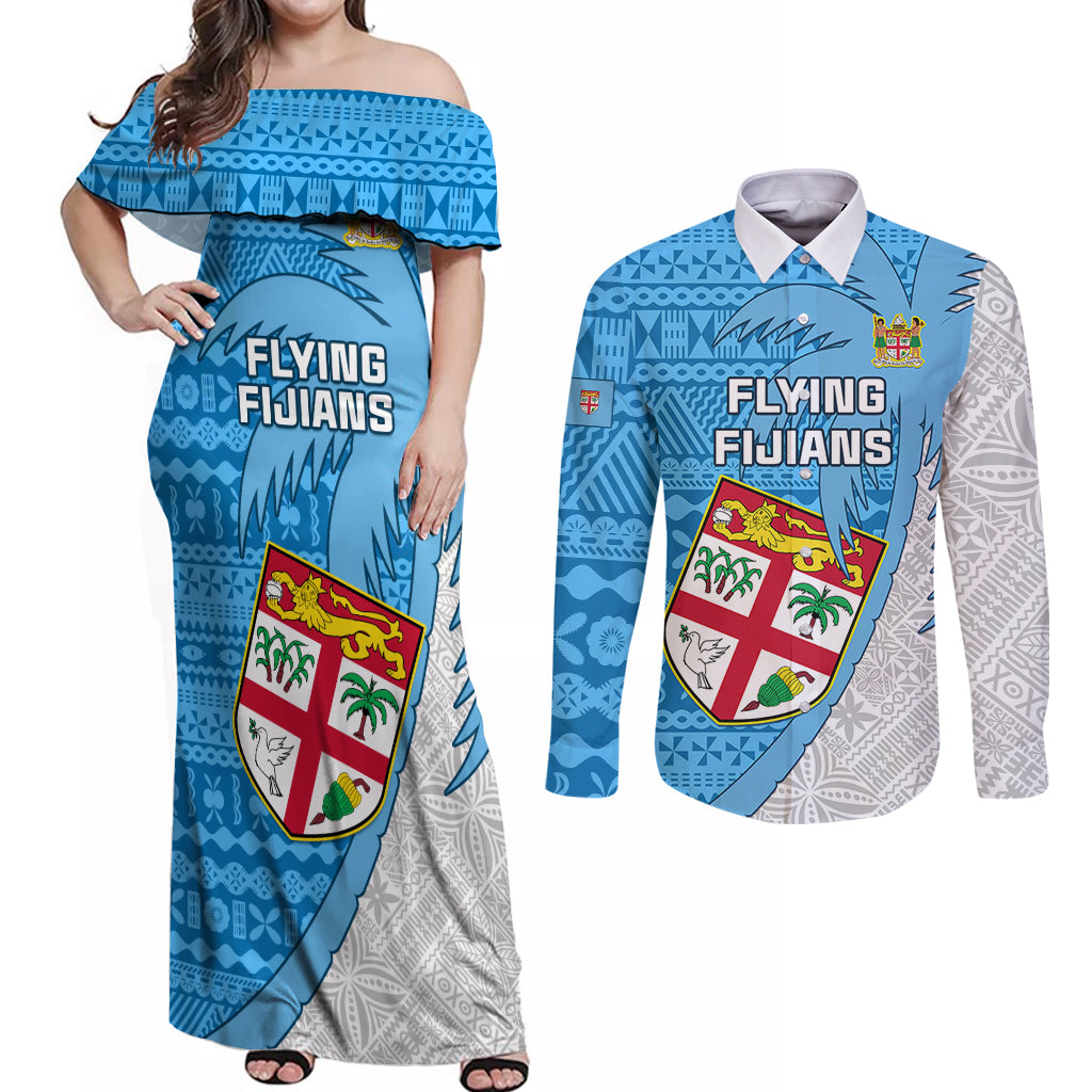 Fiji Rugby Couples Matching Off Shoulder Maxi Dress and Long Sleeve Button Shirts Come On Fijian Tapa Pattern LT01 Blue - Polynesian Pride