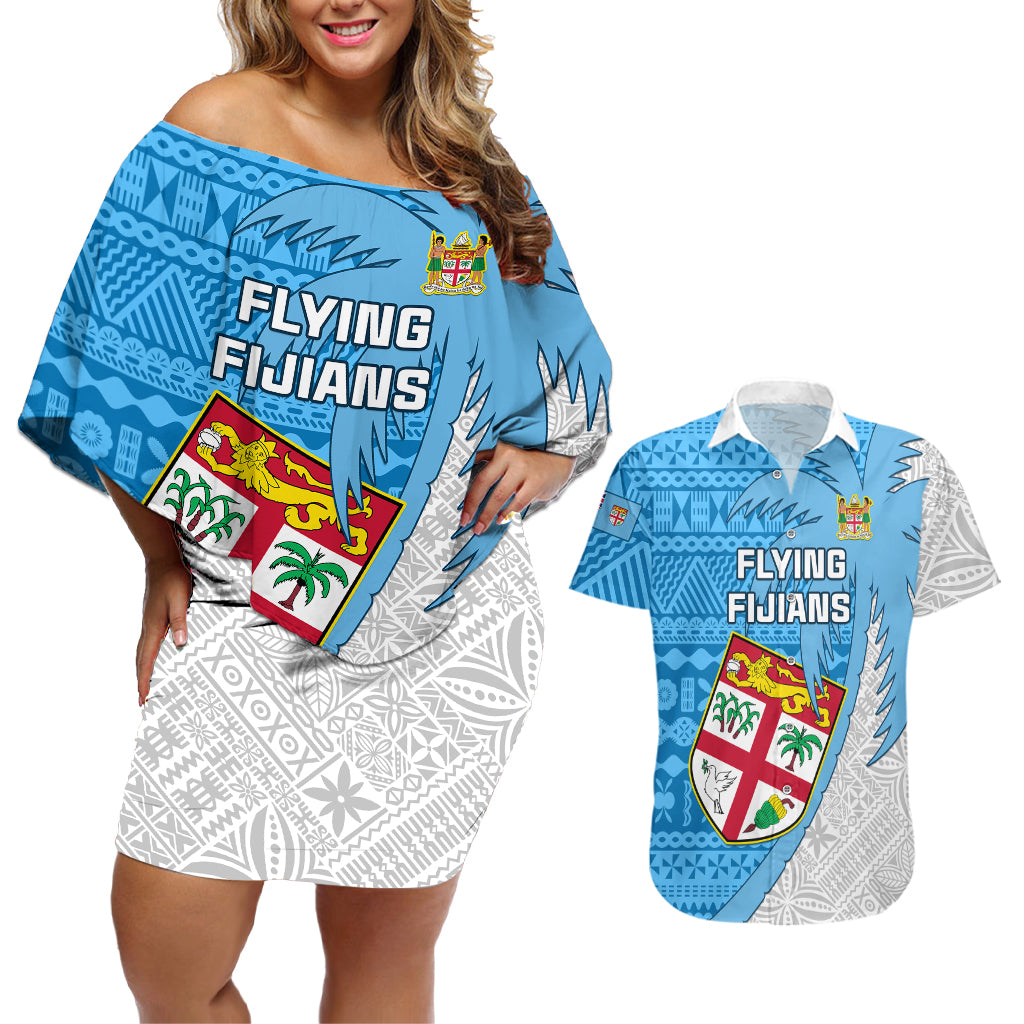 Fiji Rugby Couples Matching Off Shoulder Short Dress and Hawaiian Shirt Come On Fijian Tapa Pattern LT01 Blue - Polynesian Pride