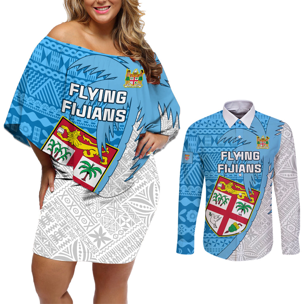 Fiji Rugby Couples Matching Off Shoulder Short Dress and Long Sleeve Button Shirts Come On Fijian Tapa Pattern LT01 Blue - Polynesian Pride