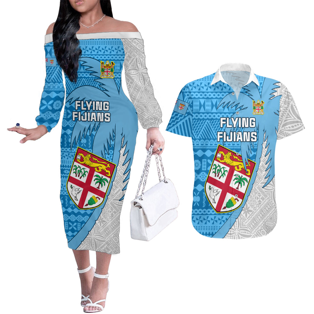 Fiji Rugby Couples Matching Off The Shoulder Long Sleeve Dress and Hawaiian Shirt Come On Fijian Tapa Pattern LT01 Blue - Polynesian Pride