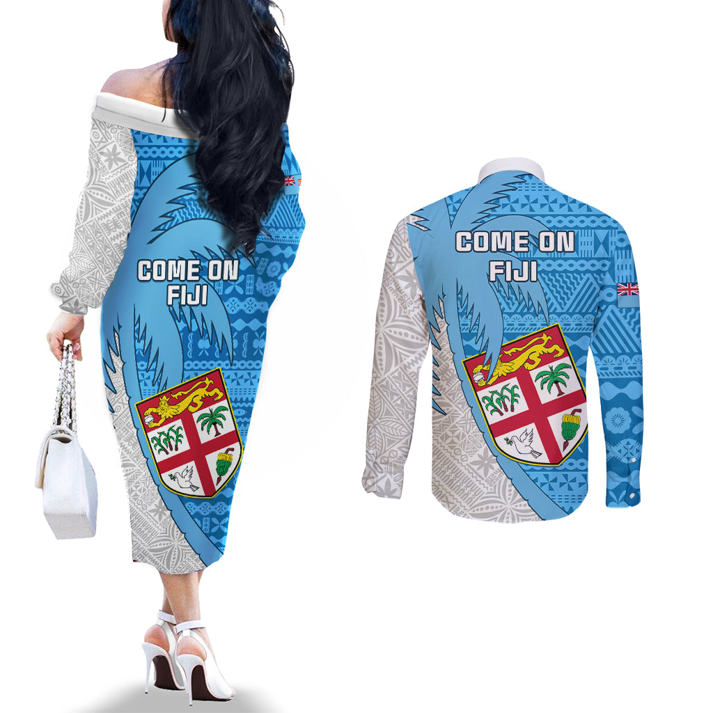 Fiji Rugby Couples Matching Off The Shoulder Long Sleeve Dress and Long Sleeve Button Shirts Come On Fijian Tapa Pattern LT01 - Polynesian Pride