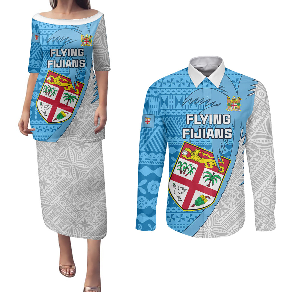 Fiji Rugby Couples Matching Puletasi Dress and Long Sleeve Button Shirts Come On Fijian Tapa Pattern LT01 Blue - Polynesian Pride