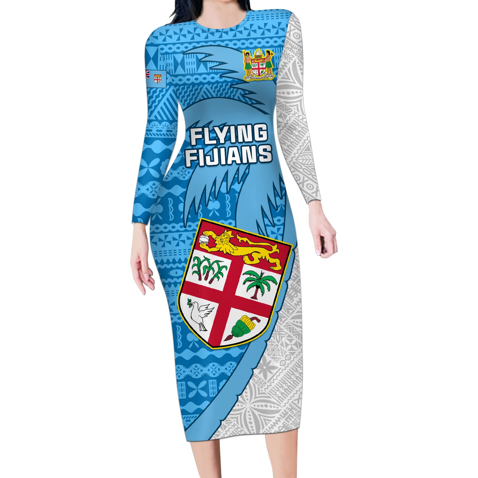 Fiji Rugby Long Sleeve Bodycon Dress Come On Fijian Tapa Pattern LT01 Long Dress Blue - Polynesian Pride