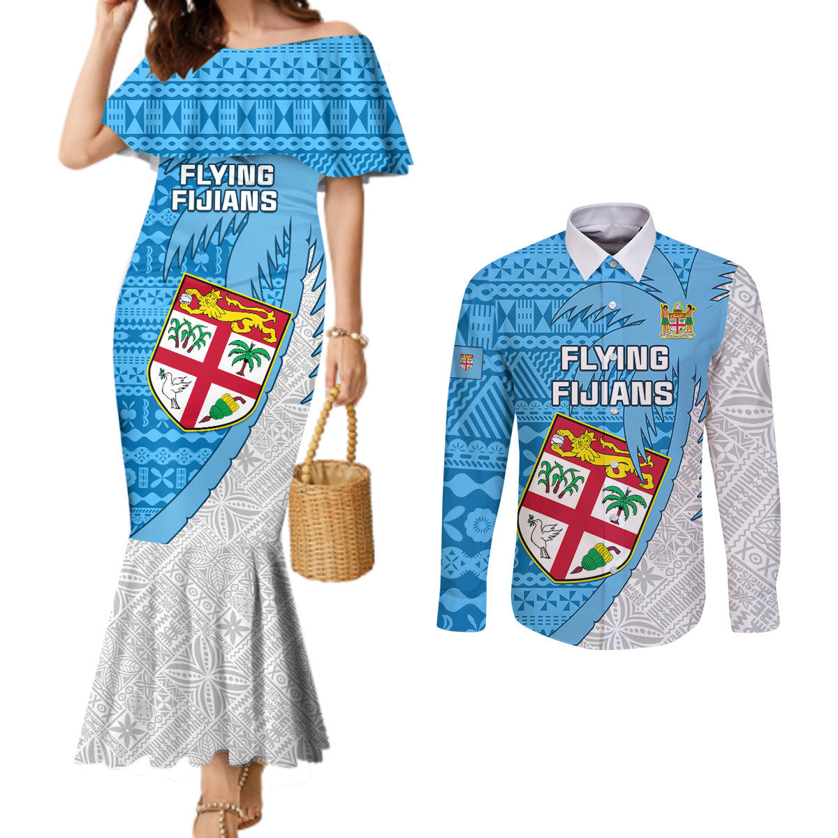 Custom Fiji Rugby Couples Matching Mermaid Dress and Long Sleeve Button Shirts Come On Fijian Tapa Pattern LT01 Blue - Polynesian Pride