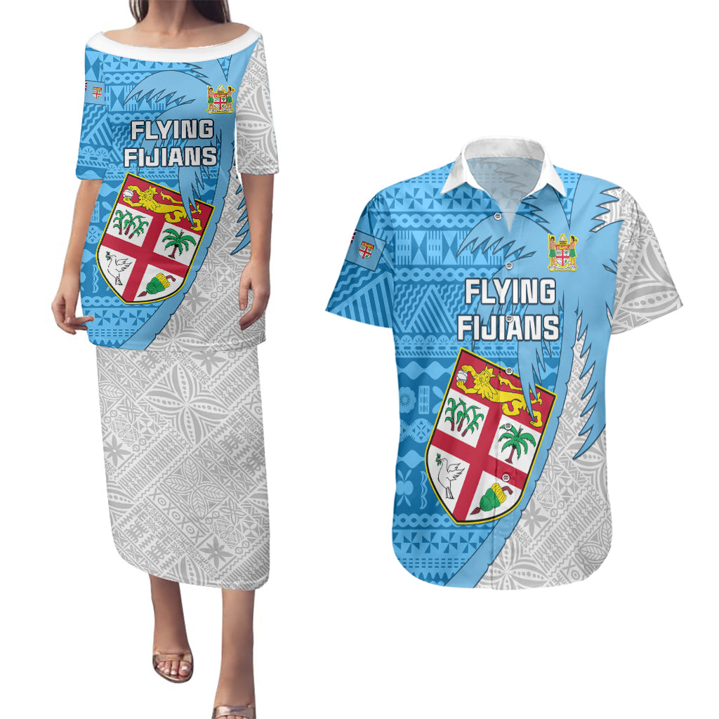 Custom Fiji Rugby Couples Matching Puletasi Dress and Hawaiian Shirt Come On Fijian Tapa Pattern LT01 Blue - Polynesian Pride