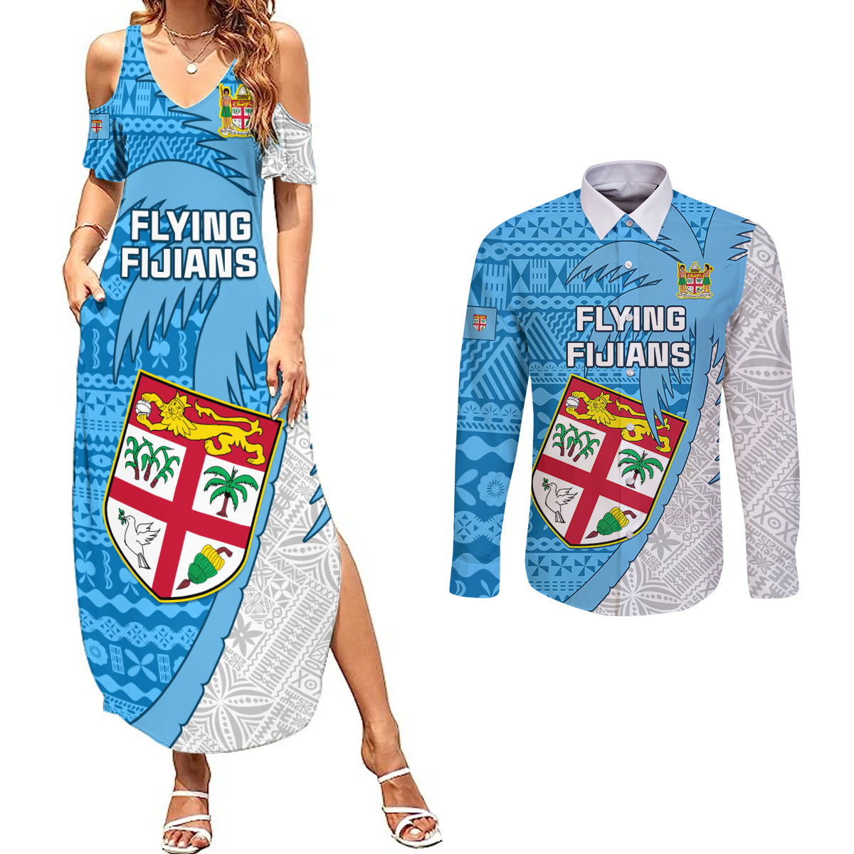 Custom Fiji Rugby Couples Matching Summer Maxi Dress and Long Sleeve Button Shirts Come On Fijian Tapa Pattern LT01 Blue - Polynesian Pride