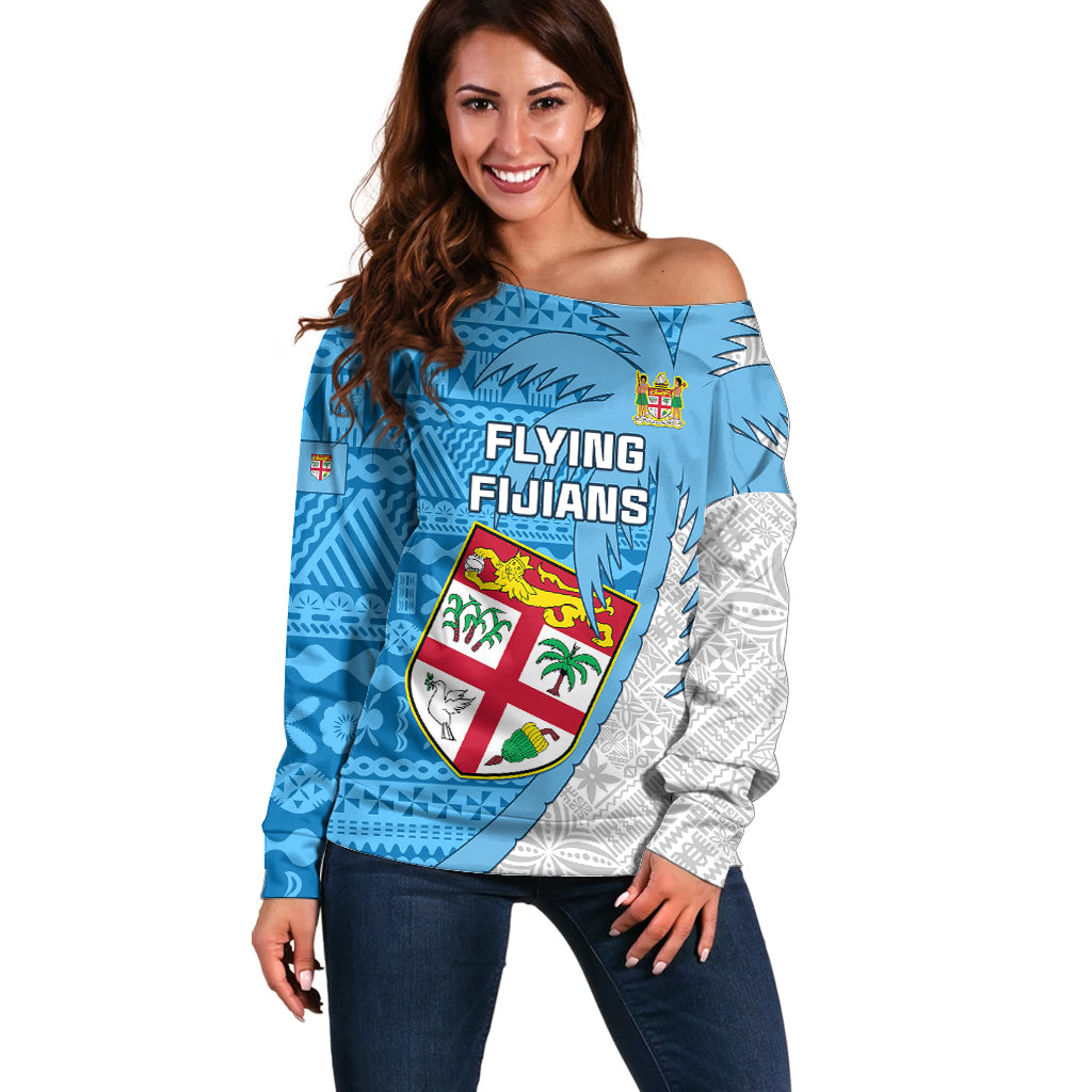 Custom Fiji Rugby Off Shoulder Sweater Come On Fijian Tapa Pattern LT01 Women Blue - Polynesian Pride