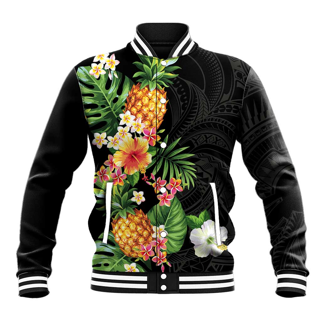 Hawaii Pineapple Tropical Baseball Jacket Colorful Hibiscus Plumeria LT01 Unisex Black - Polynesian Pride