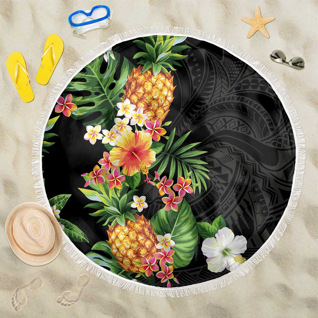 Hawaii Pineapple Tropical Beach Blanket Colorful Hibiscus Plumeria LT01 One Size 150cm Black - Polynesian Pride