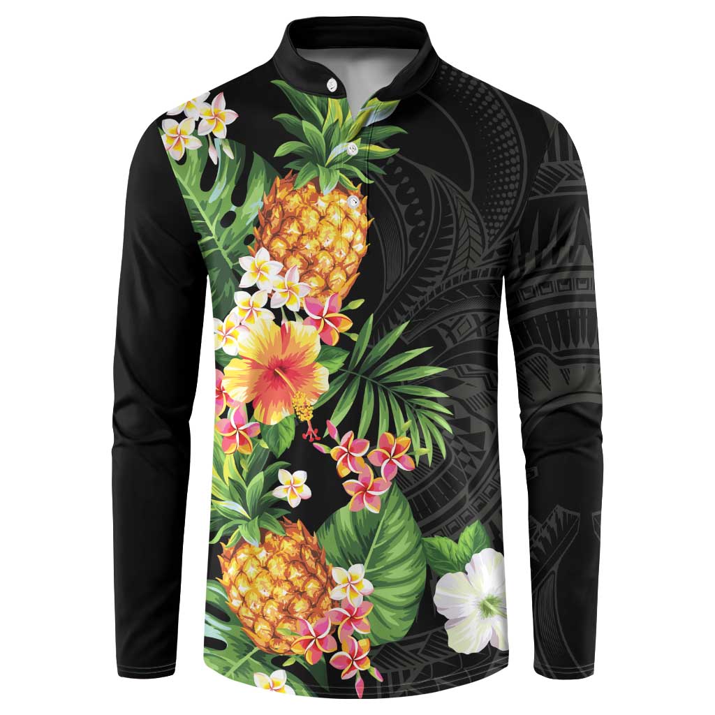 Hawaii Pineapple Tropical Button Sweatshirt Colorful Hibiscus Plumeria LT01 Black - Polynesian Pride