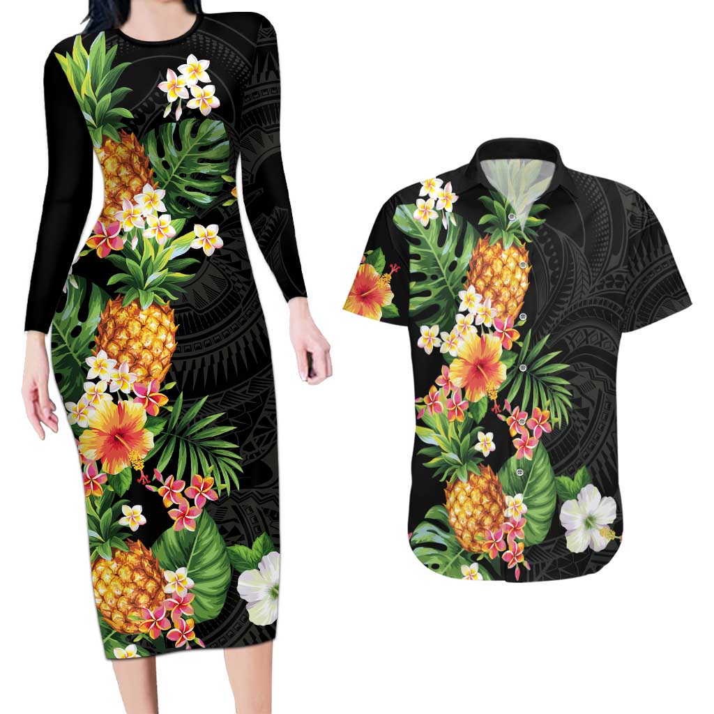 Hawaii Pineapple Tropical Couples Matching Long Sleeve Bodycon Dress and Hawaiian Shirt Colorful Hibiscus Plumeria