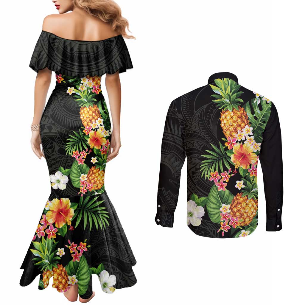 Hawaii Pineapple Tropical Couples Matching Mermaid Dress and Long Sleeve Button Shirt Colorful Hibiscus Plumeria LT01 - Polynesian Pride