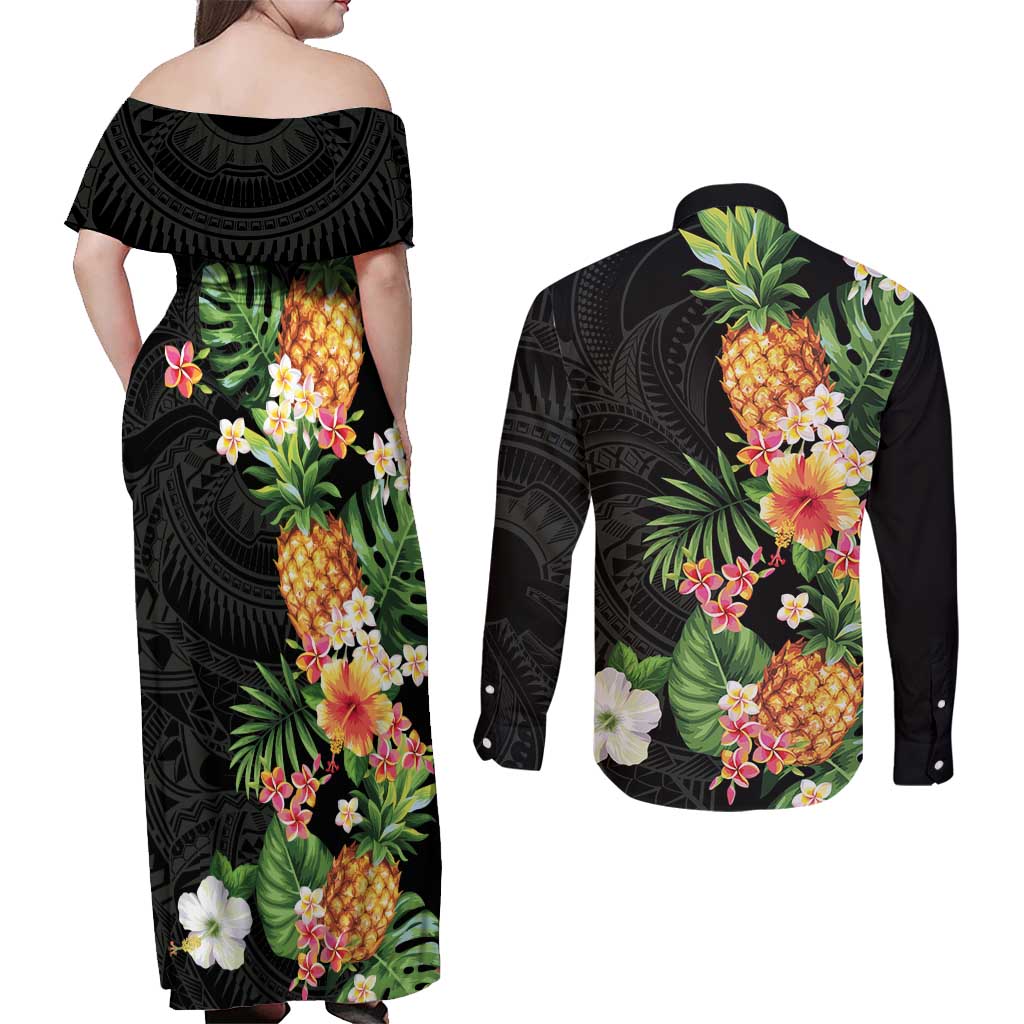 Hawaii Pineapple Tropical Couples Matching Off Shoulder Maxi Dress and Long Sleeve Button Shirt Colorful Hibiscus Plumeria LT01 - Polynesian Pride