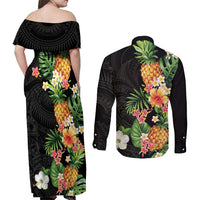 Hawaii Pineapple Tropical Couples Matching Off Shoulder Maxi Dress and Long Sleeve Button Shirt Colorful Hibiscus Plumeria LT01 - Polynesian Pride