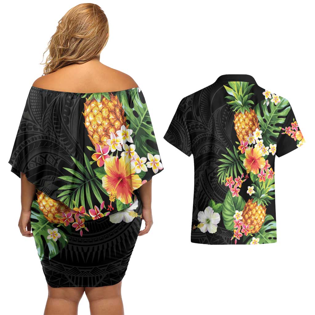Hawaii Pineapple Tropical Couples Matching Off Shoulder Short Dress and Hawaiian Shirt Colorful Hibiscus Plumeria LT01 - Polynesian Pride