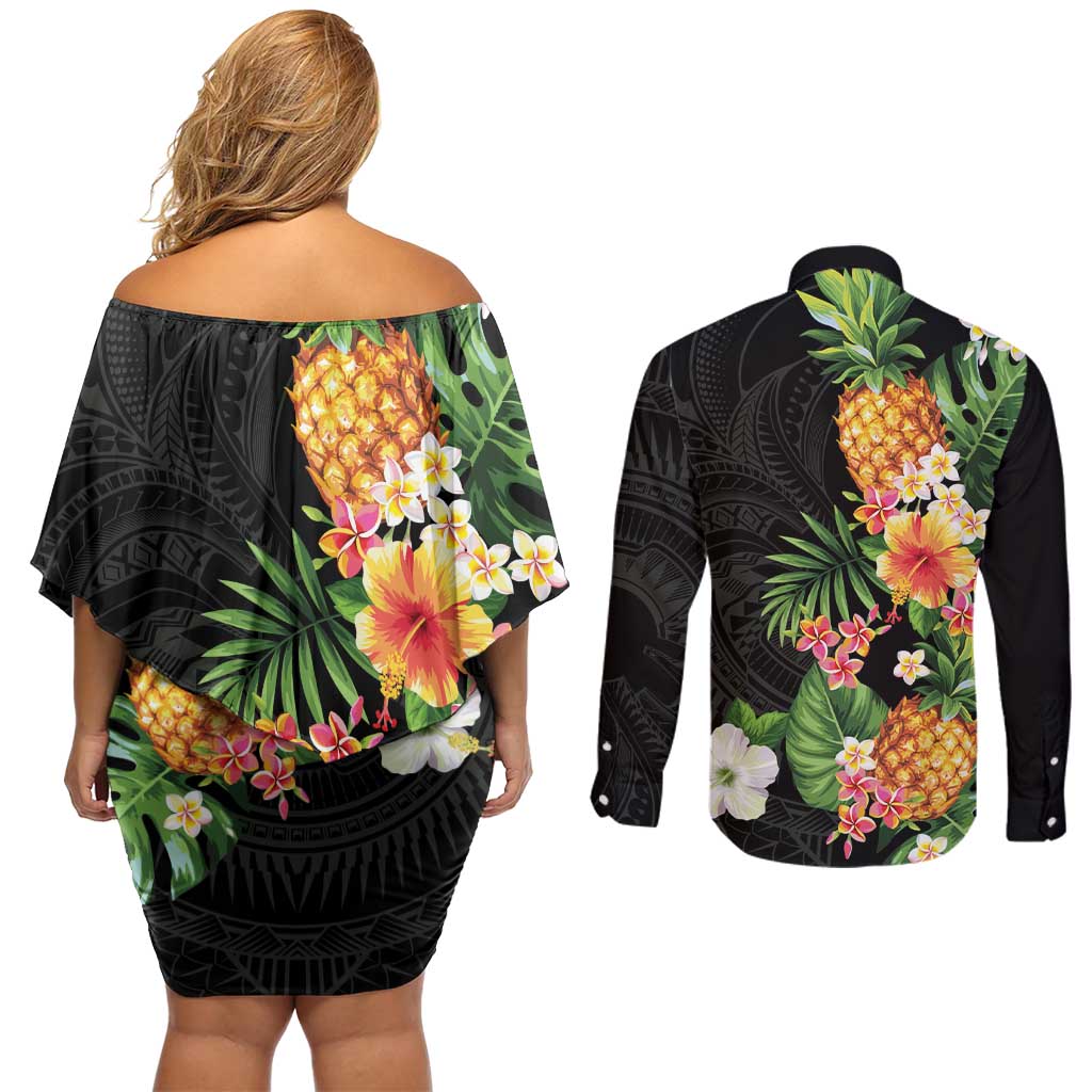 Hawaii Pineapple Tropical Couples Matching Off Shoulder Short Dress and Long Sleeve Button Shirt Colorful Hibiscus Plumeria LT01 - Polynesian Pride