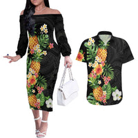 Hawaii Pineapple Tropical Couples Matching Off The Shoulder Long Sleeve Dress and Hawaiian Shirt Colorful Hibiscus Plumeria LT01 Black - Polynesian Pride