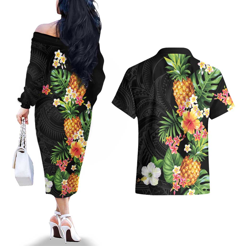 Hawaii Pineapple Tropical Couples Matching Off The Shoulder Long Sleeve Dress and Hawaiian Shirt Colorful Hibiscus Plumeria LT01 - Polynesian Pride