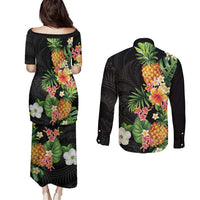Hawaii Pineapple Tropical Couples Matching Puletasi and Long Sleeve Button Shirt Colorful Hibiscus Plumeria LT01 - Polynesian Pride
