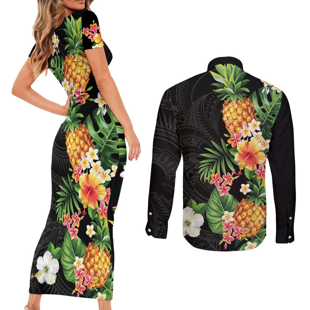 Hawaii Pineapple Tropical Couples Matching Short Sleeve Bodycon Dress and Long Sleeve Button Shirt Colorful Hibiscus Plumeria LT01 - Polynesian Pride